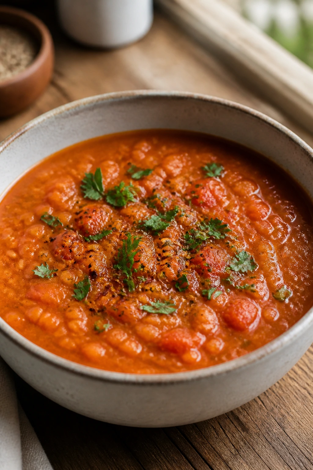 Close-up of thick red lentil soup in a bowl on a wooden table.