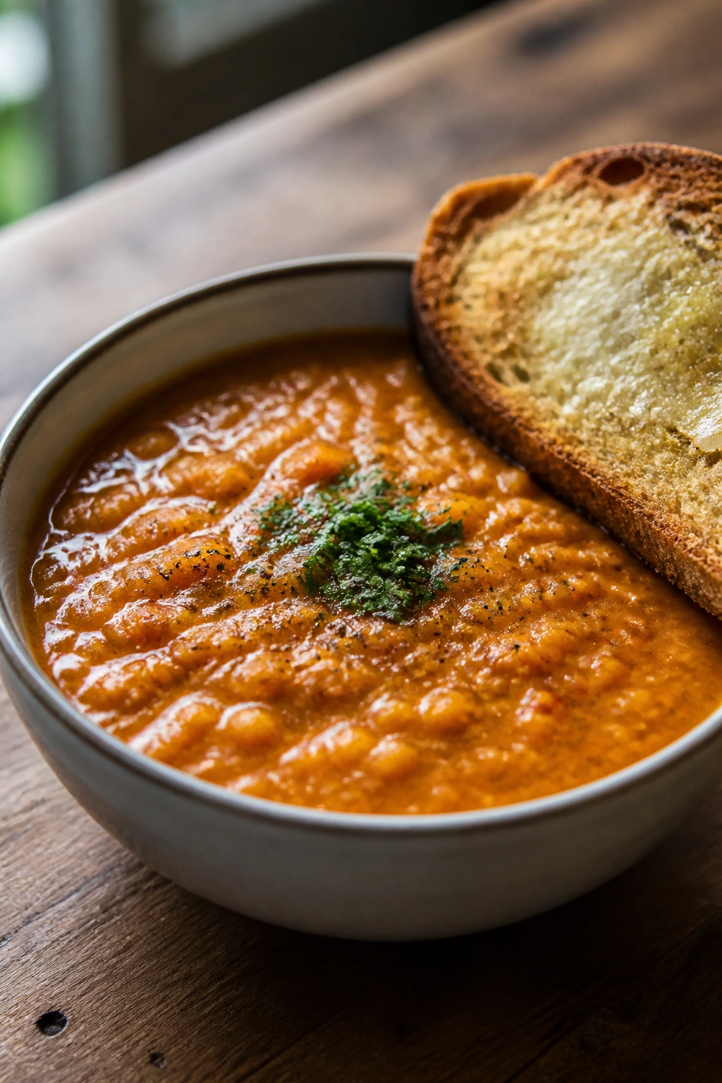 Thick red lentil soup in a bowl with buttered toast