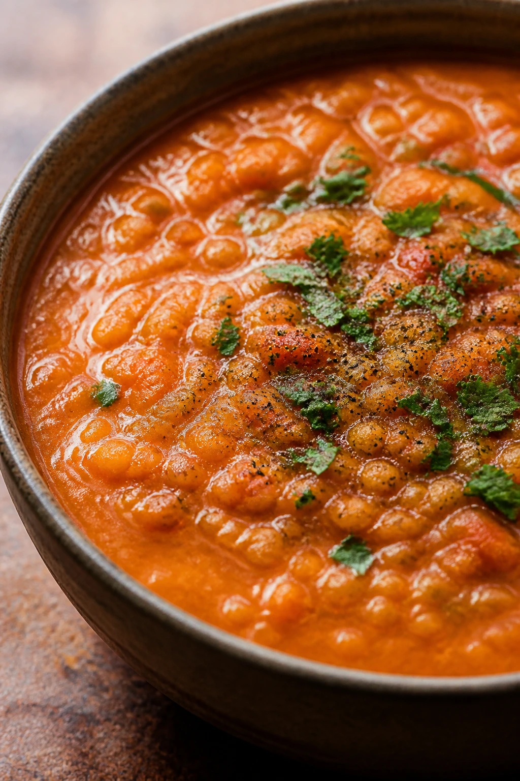 Close-up of red lentil and tomato soup in a bowl, thick and textured.