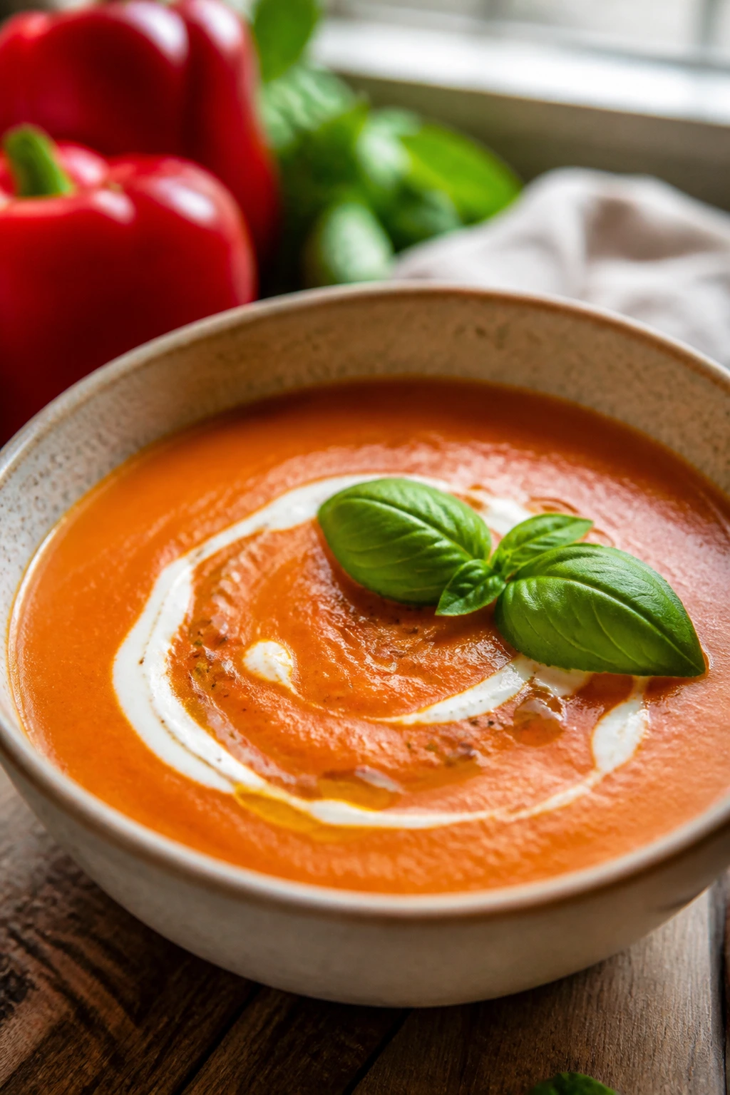 Close-up of roasted red pepper soup with cream swirl