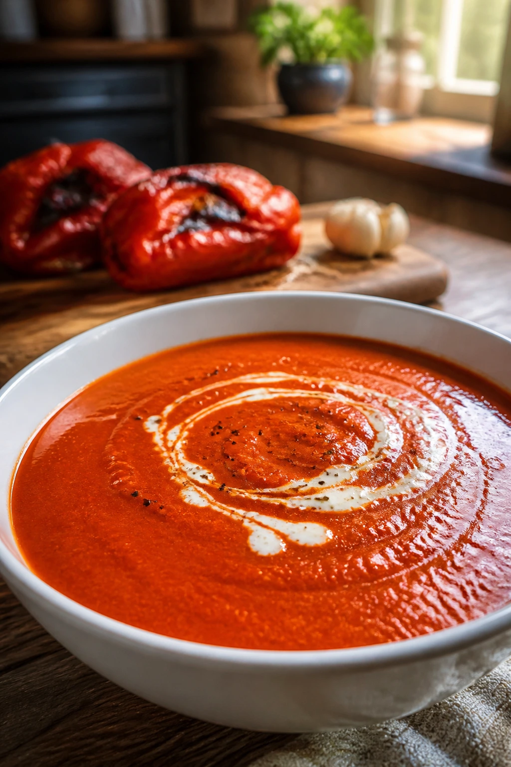 Vibrant red pepper tomato soup in a bowl with gentle cream drizzle