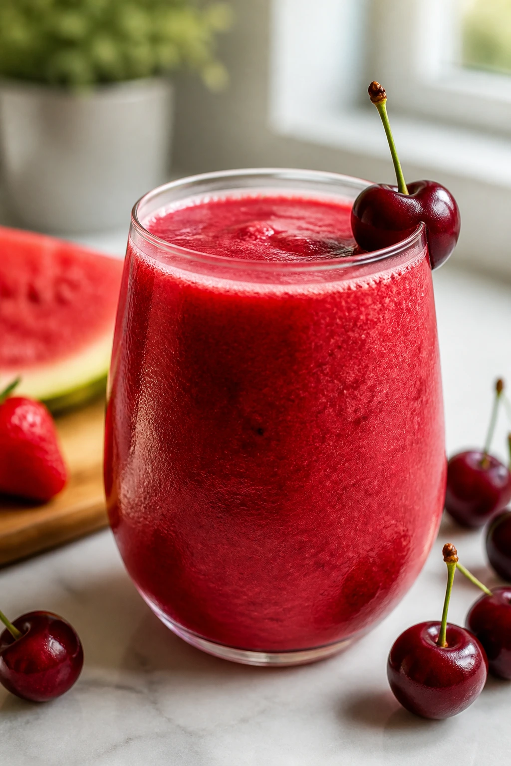 Cherry-toned red smoothie with cherry garnish on rim in a kitchen