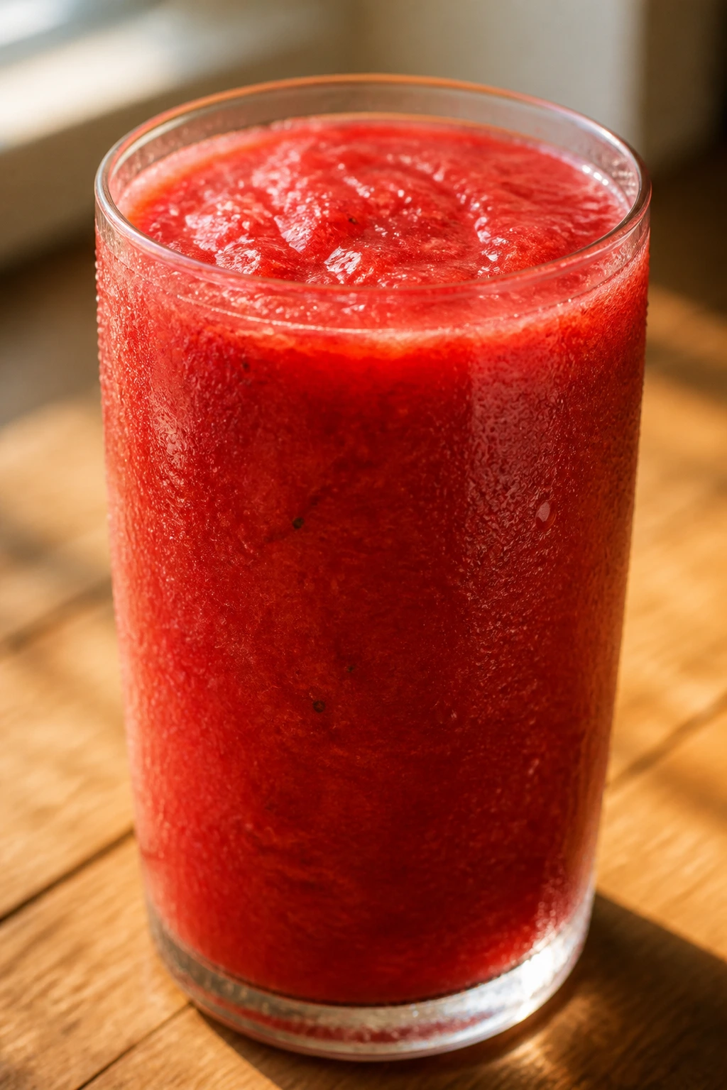 Close-up of a thick red smoothie in a tall glass on a sunlit kitchen counter