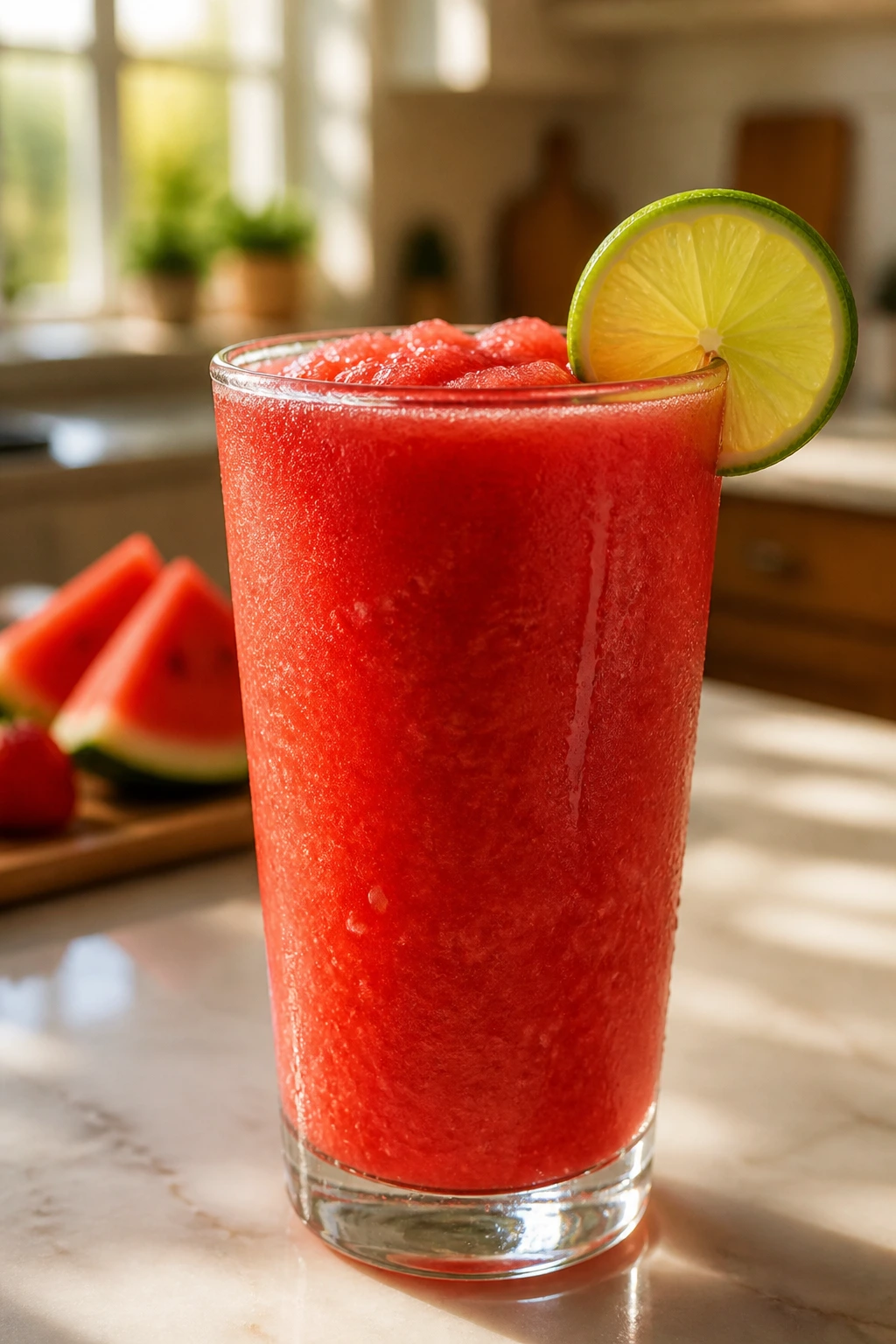 Close-up of a cold red smoothie in a glass with lime garnish on a sunlit kitchen counter