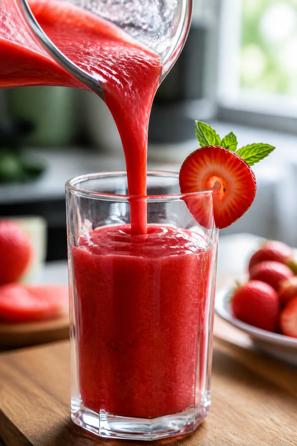 Close-up of red smoothie being poured into a chilled glass with strawberry slice and mint in a sunlit kitchen