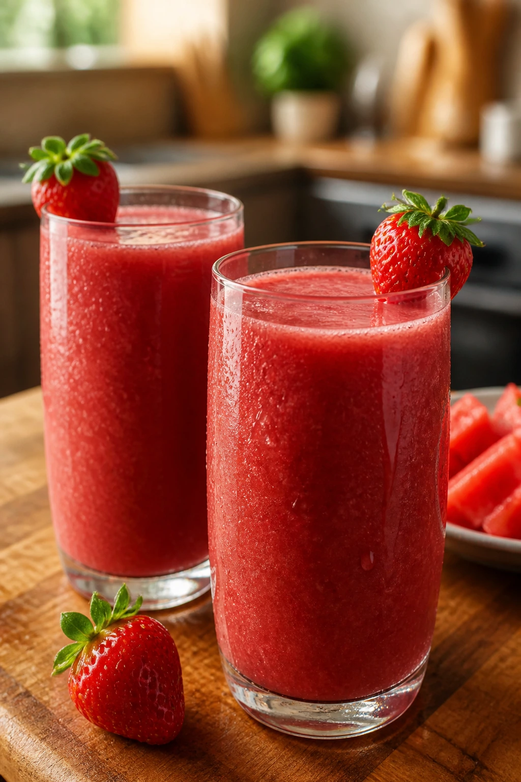 Two glasses of bright red smoothie with condensation on a sunny kitchen counter