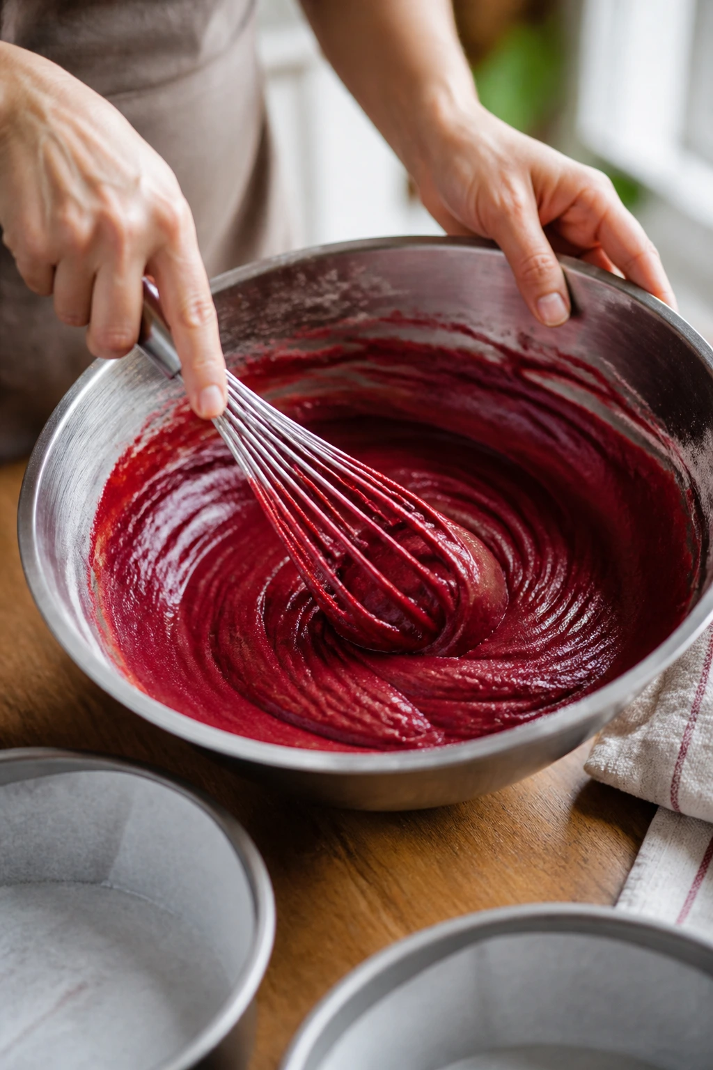 Close-up of hands whisking red velvet batter in a mixing bowl in a cozy kitchen