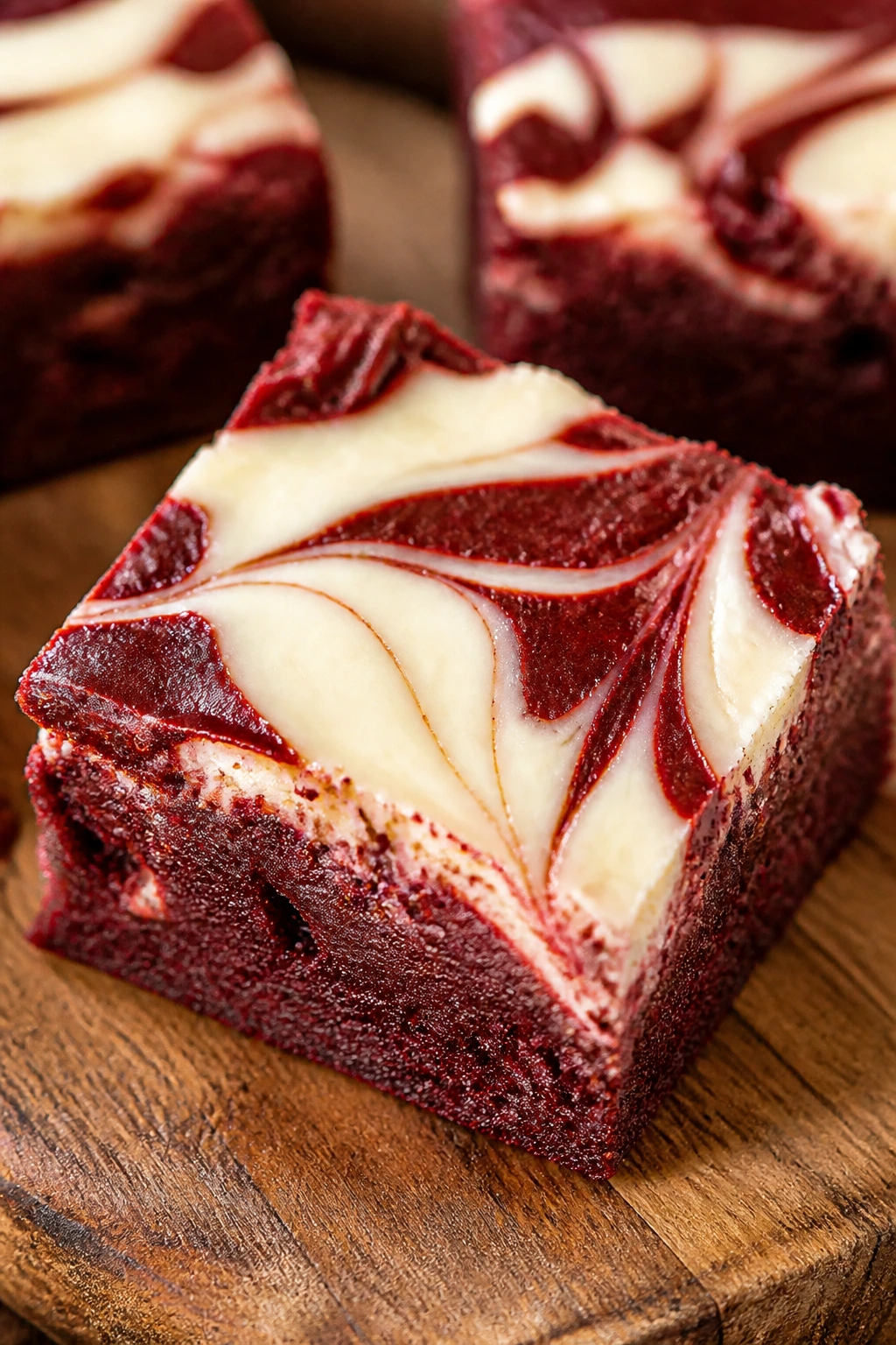 Close-up of red velvet brownie with cheesecake swirl on wooden cutting board