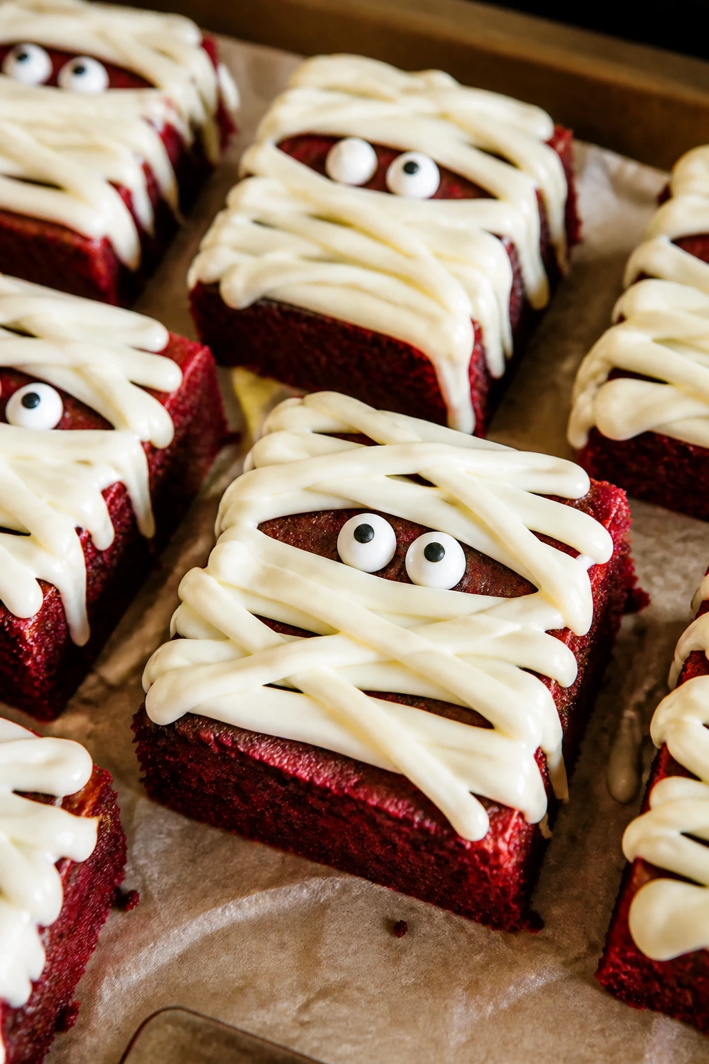 Close-up of red velvet mummy brownies with white bandages and candy eyes