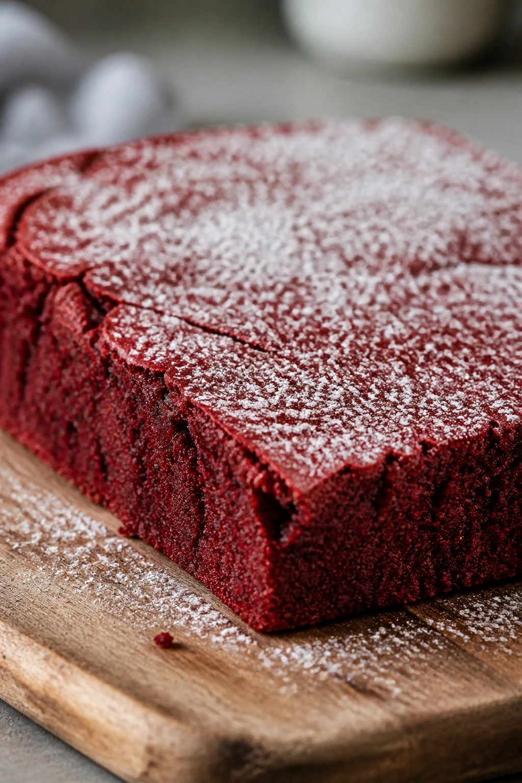 Thick slab of red velvet brownies on a wooden board.