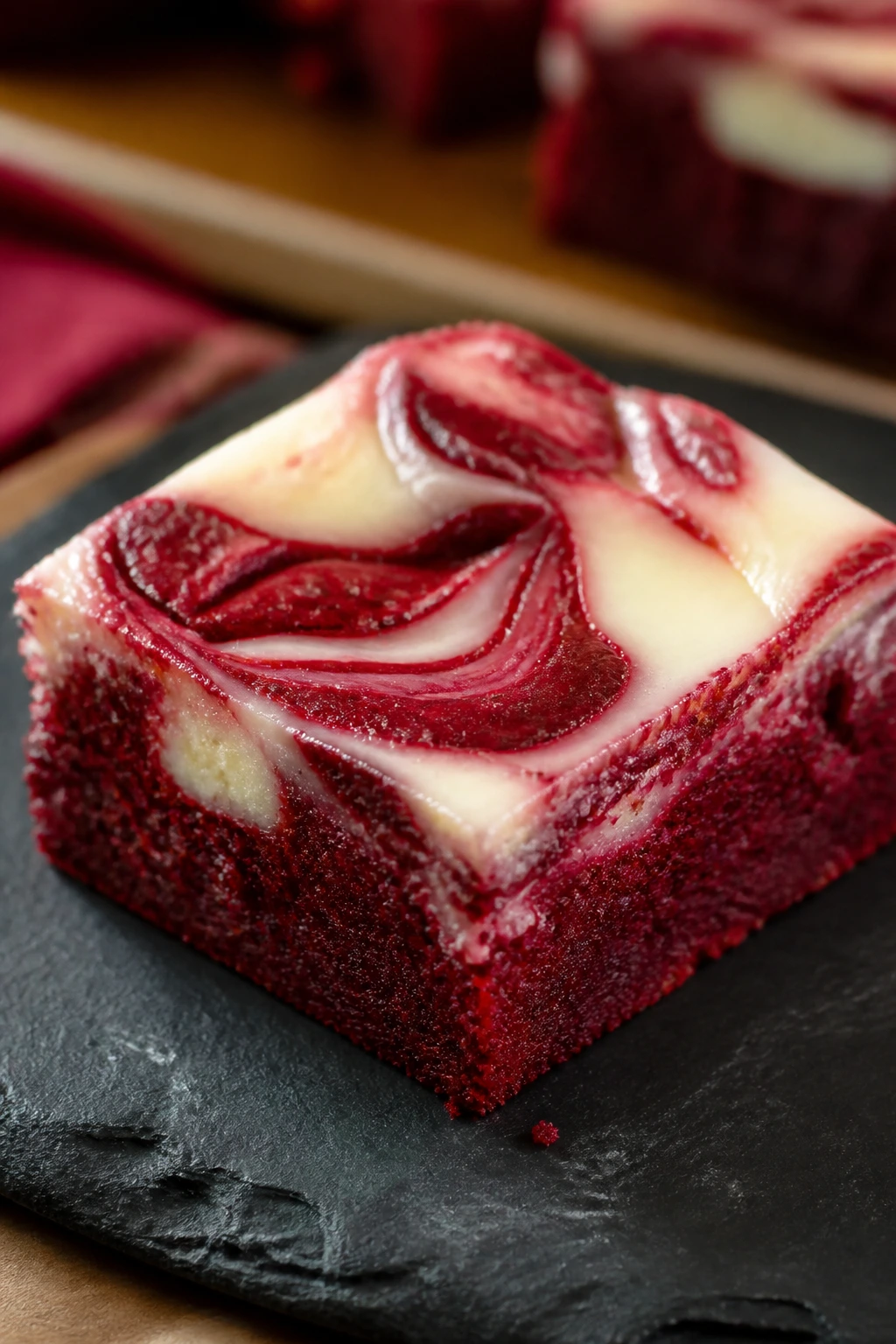 Close-up of red velvet cheesecake swirl brownie on dark slate plate