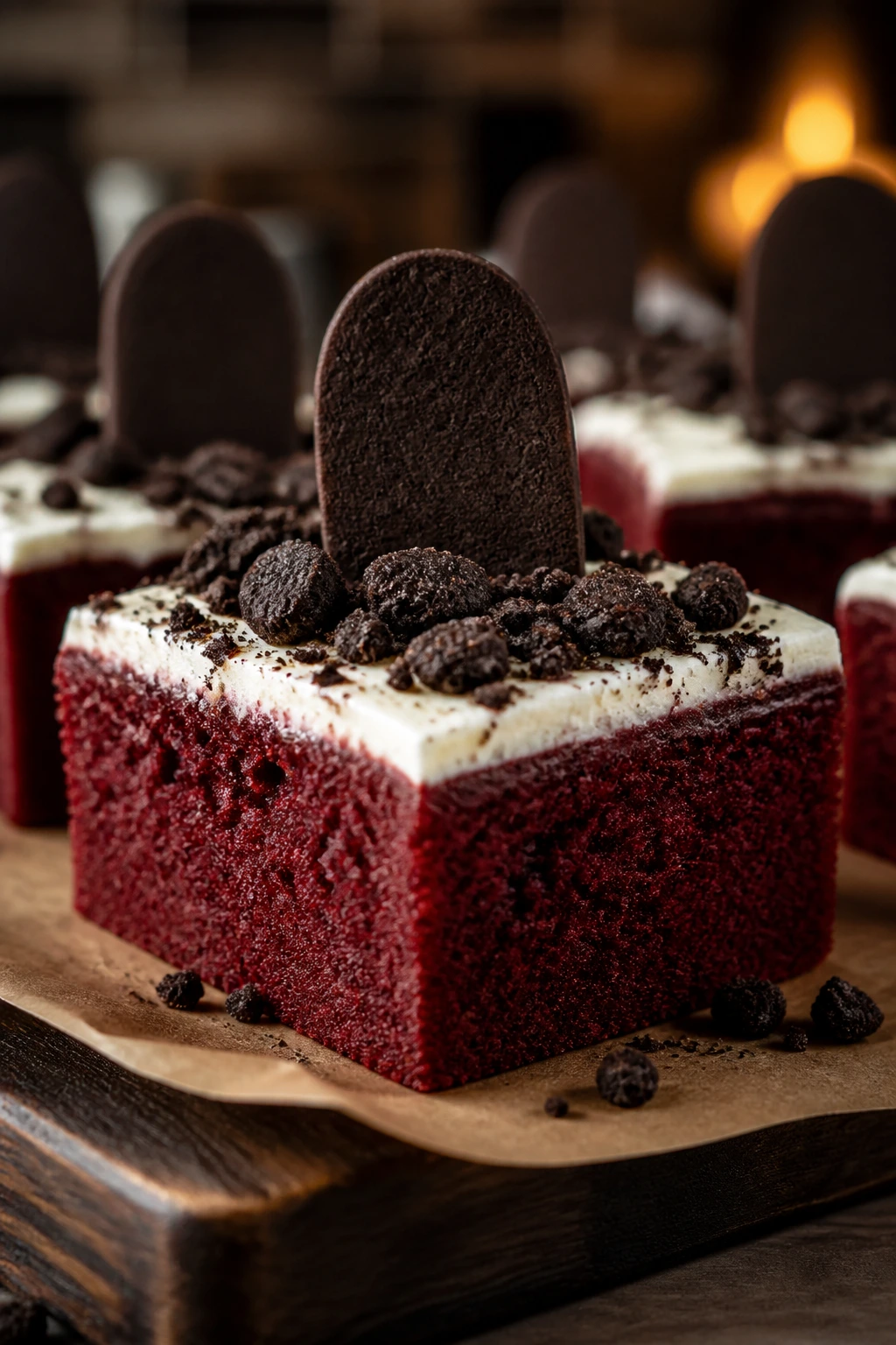 Close-up of Red Velvet Graveyard Brownies with white frosting and tombstone cookies