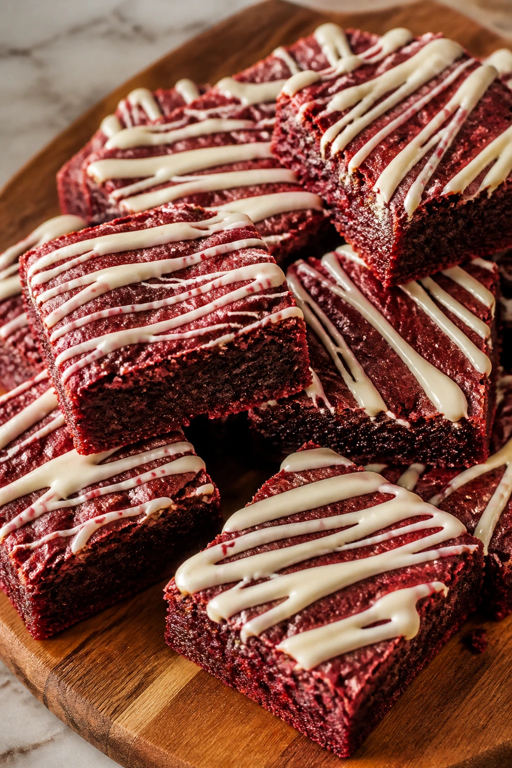 Close-up of red velvet brownies with white chocolate drizzle
