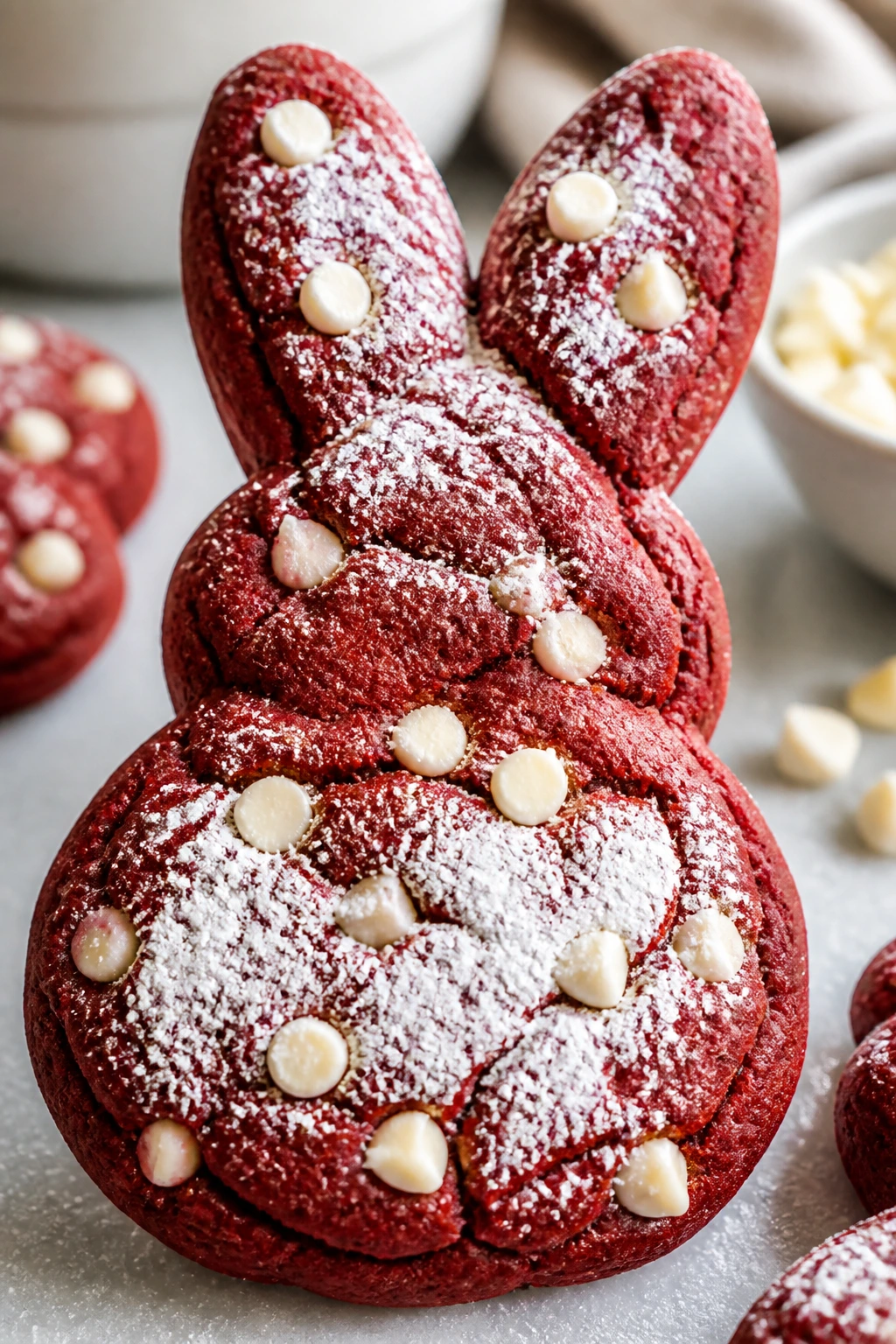Close-up of a bunny-shaped red velvet cookie with white chocolate chips.