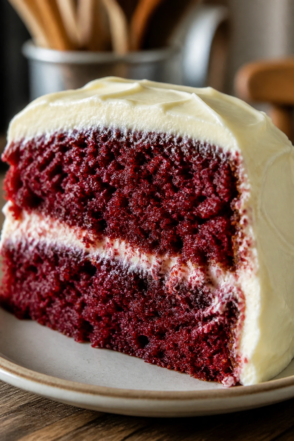 Close-up of a red velvet cake slice with thick cream cheese frosting in a warm kitchen.