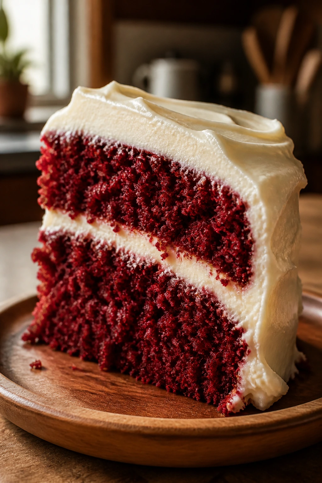 Close-up of red velvet cake slice with cream cheese frosting in warm kitchen