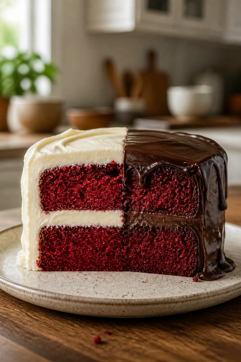 Red velvet cake cross-section with two frosting styles