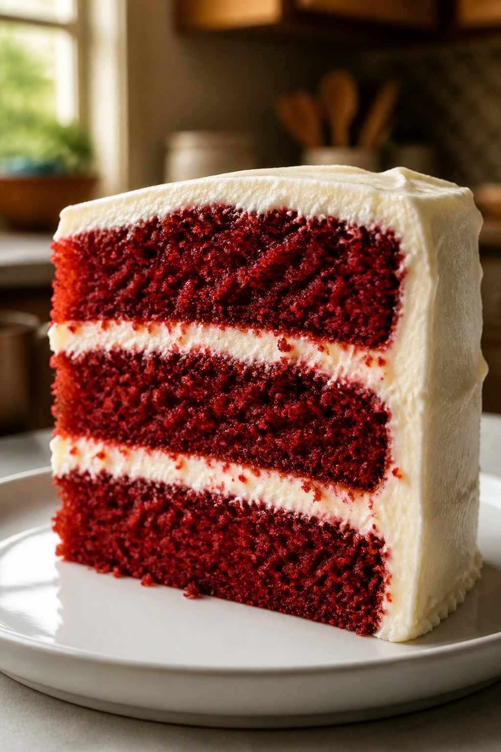 Dramatic close-up of red velvet cake slice with cream cheese frosting.