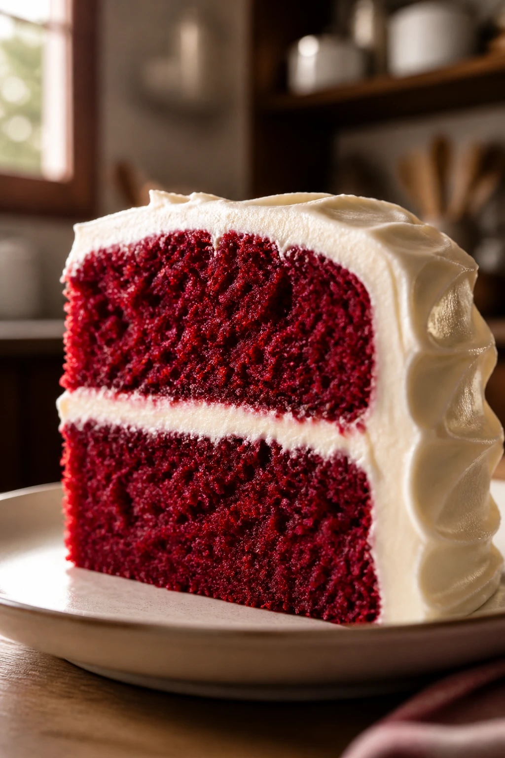 Close-up of red velvet cake slice with cream cheese frosting in a warm kitchen