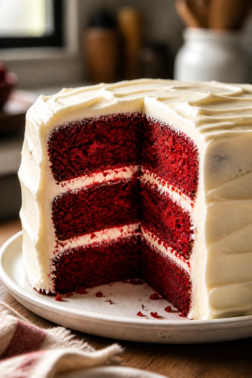 Two-layer red velvet cake with cream cheese frosting