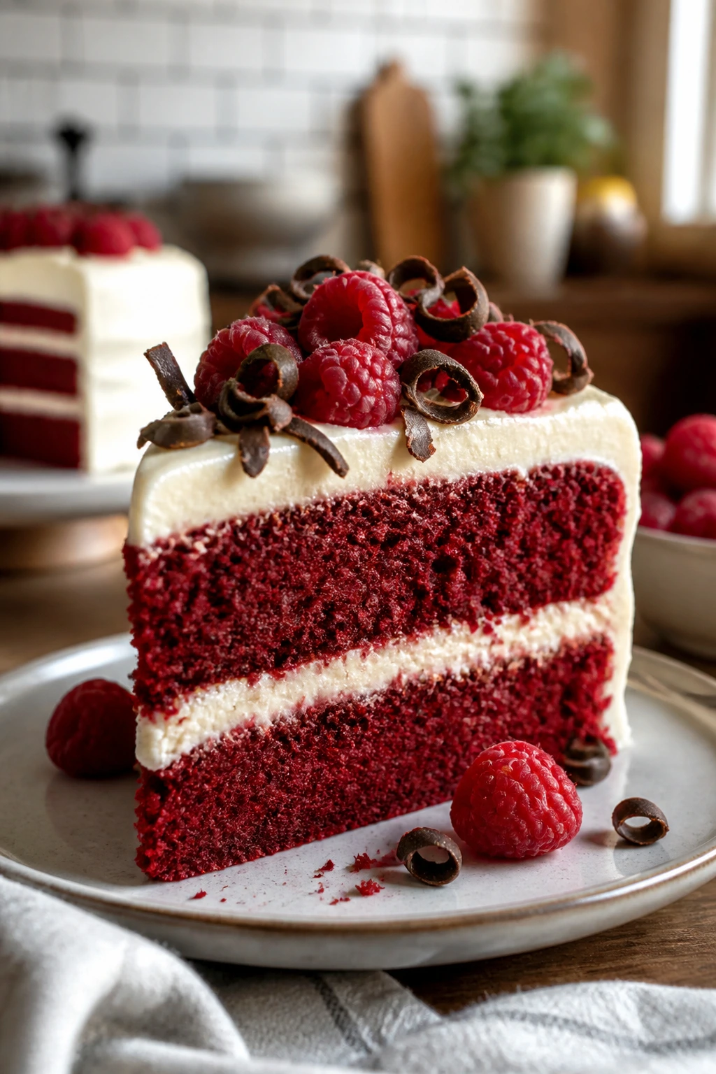 Red velvet cake slice with raspberries and chocolate curls on frosting