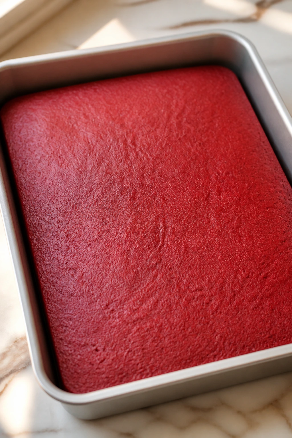 Red velvet cake in a pan on a bright kitchen counter