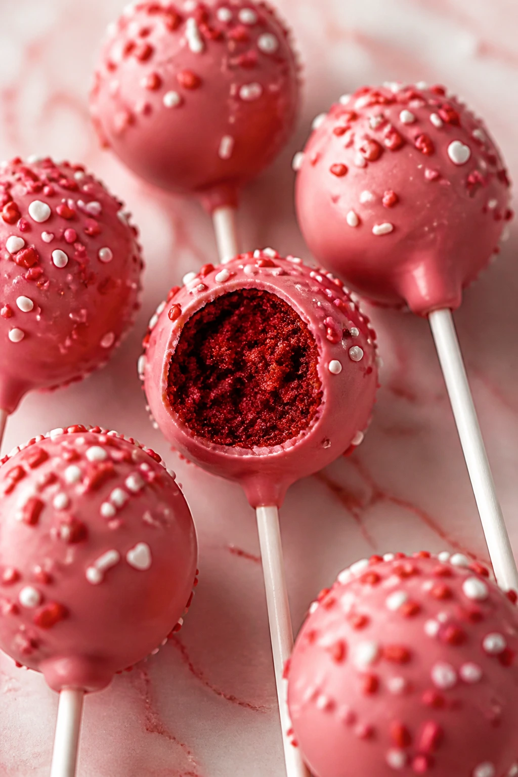 Close-up of red velvet cake pops with candy coating and sprinkles