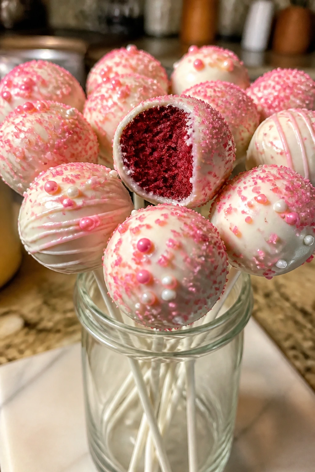 Close-up of red velvet cake pops in a jar with white chocolate shell