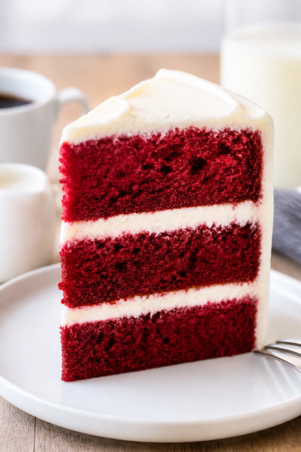 Tall slice of red velvet cake on a white plate