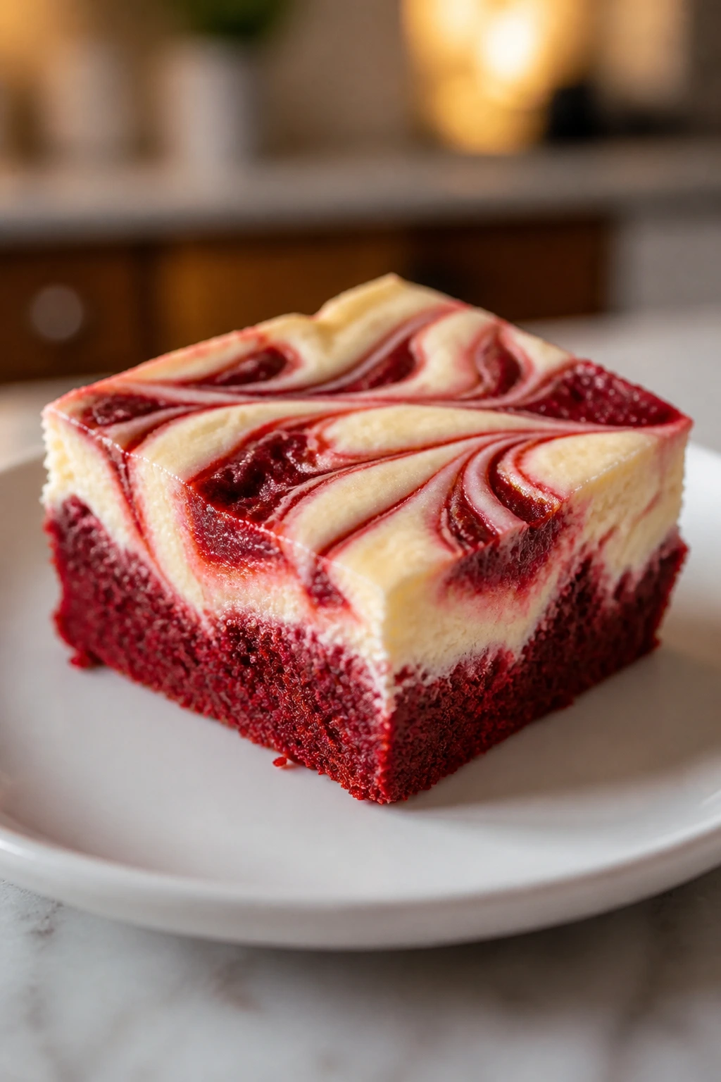 Close-up of red velvet cheesecake bar with white cheesecake swirl on plate