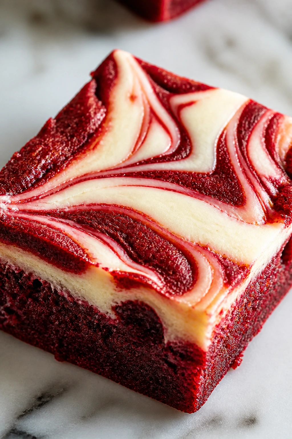 Close-up of red velvet cheesecake brownie with white cheesecake swirl