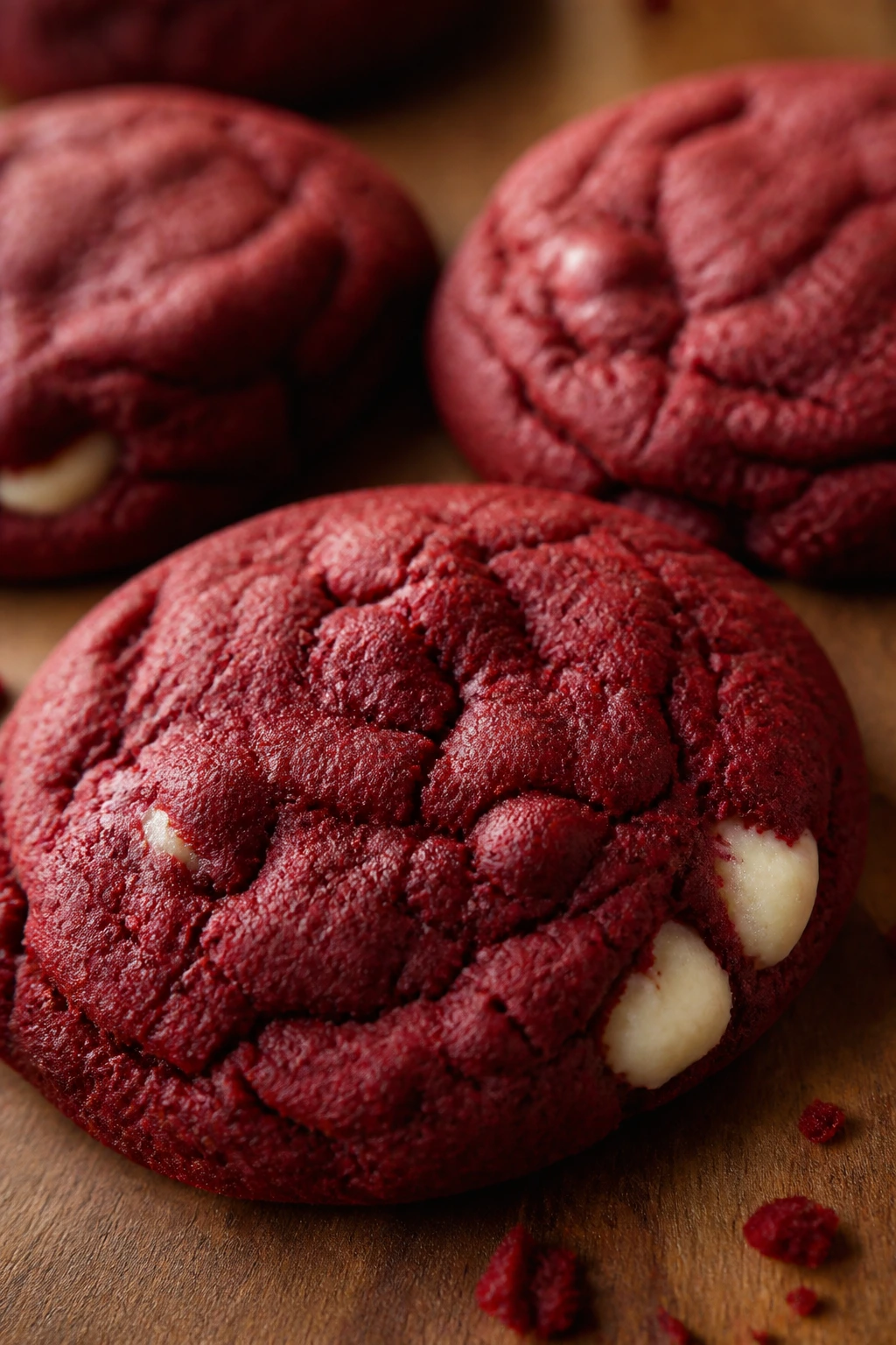 Close-up of ruby-red red velvet cookies with cream cheese edge on a wooden board