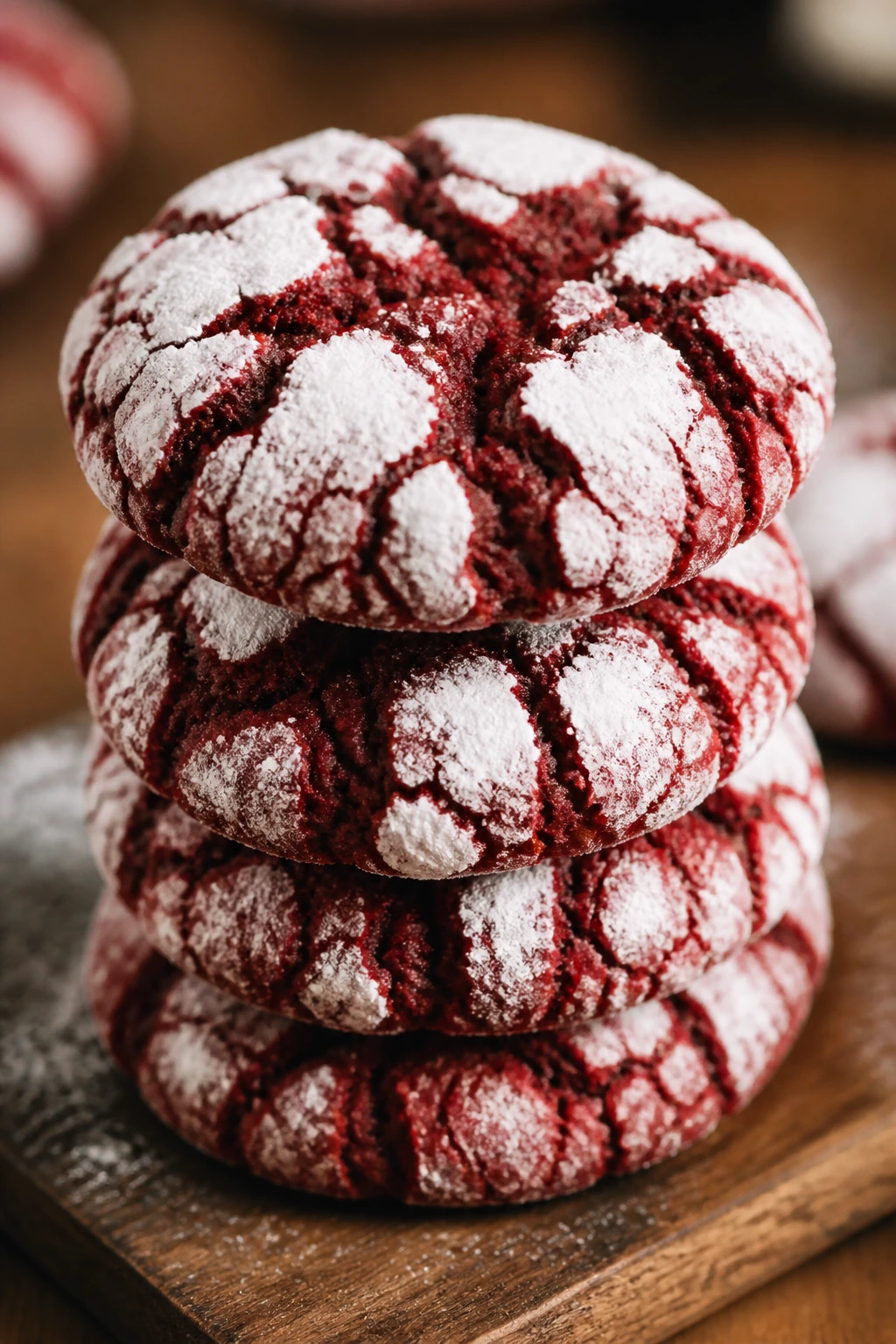 Close-up of red velvet crinkle cookies on a wooden board