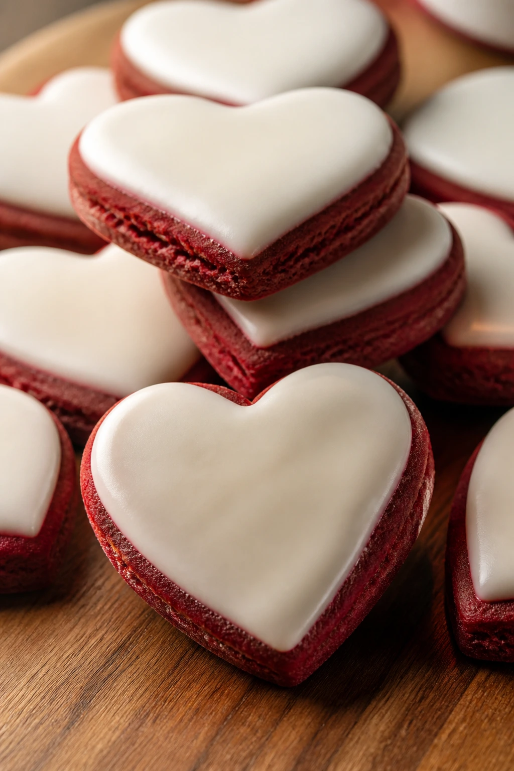 Close-up of red velvet heart cookies with cream cheese glaze on a wooden board