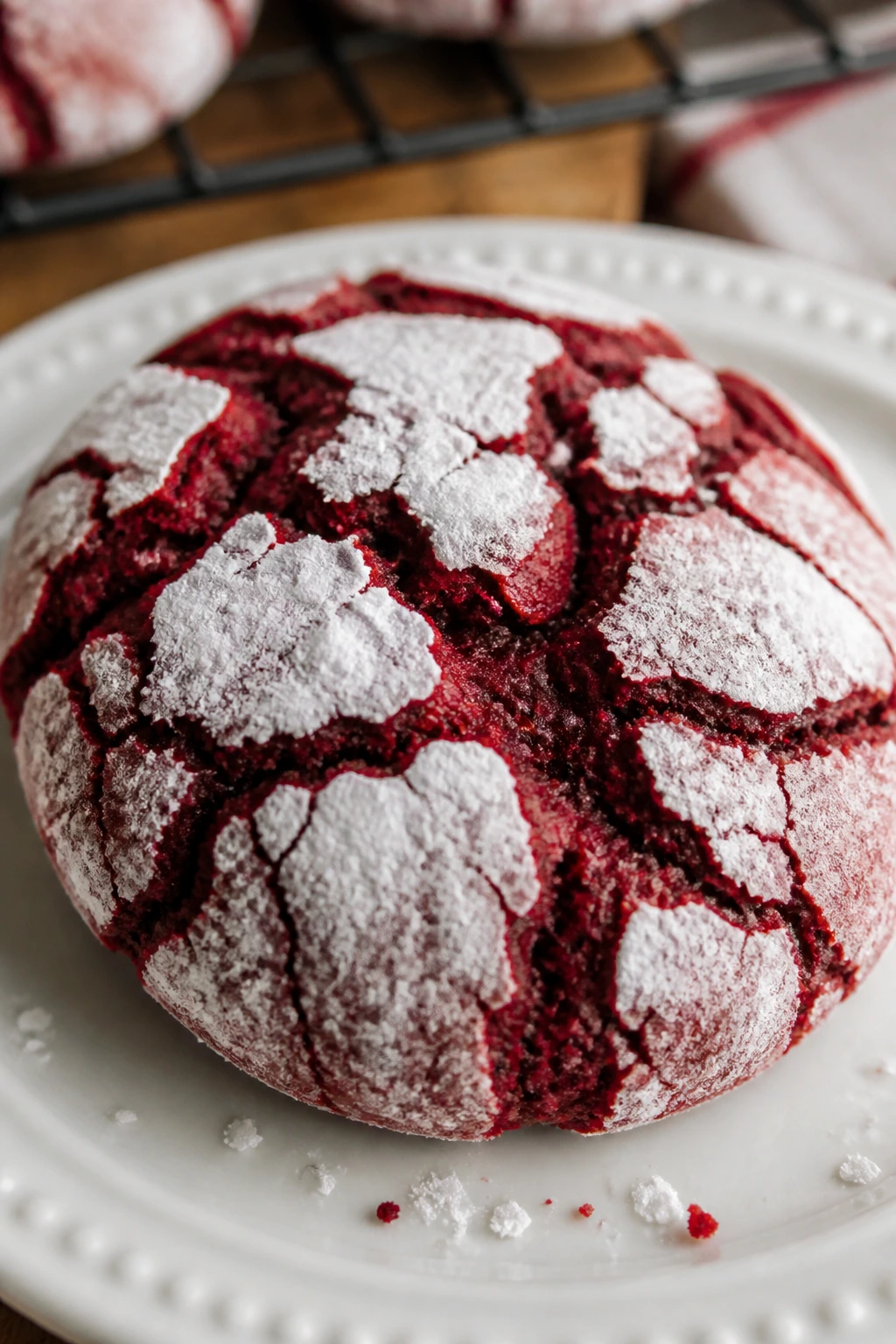 Close-up of Red Velvet Crinkle Cookies with powdered sugar