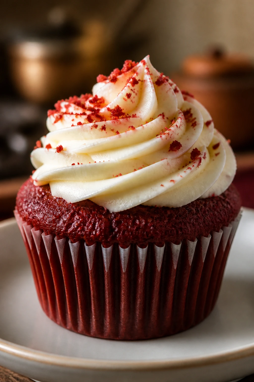 Close-up of red velvet cupcake with cream cheese frosting on a plate in a warm kitchen