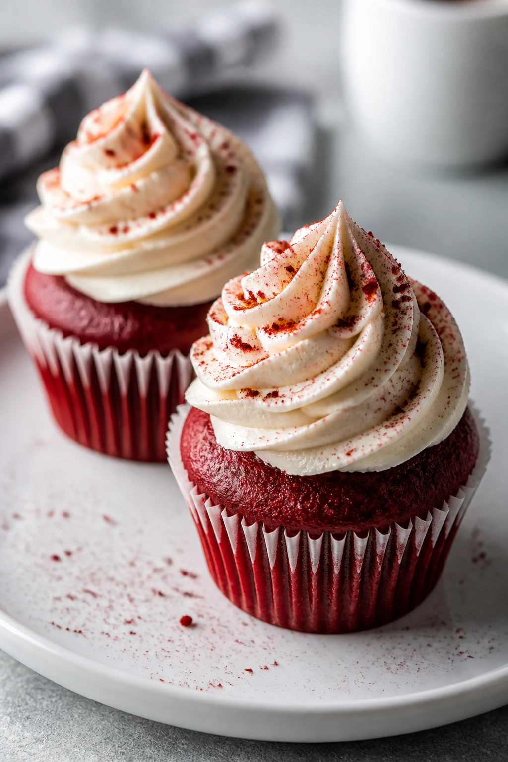 Two red velvet cupcakes with cream cheese swirls