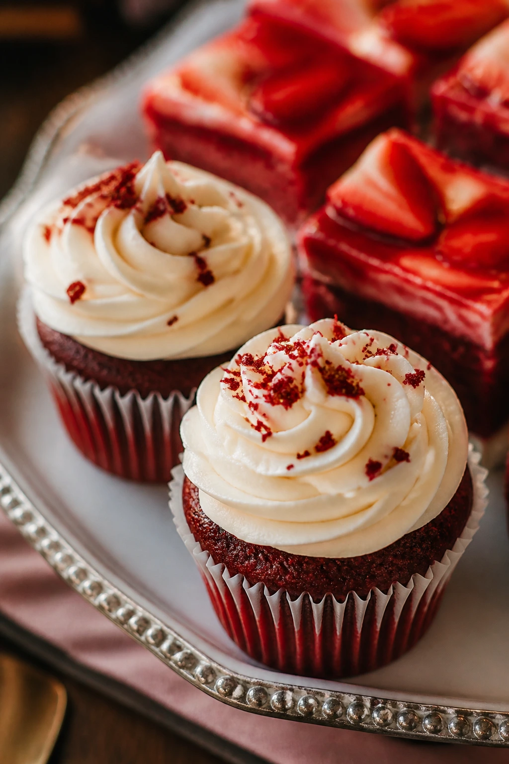 Close-up of red velvet cupcakes with cream cheese frosting on a platter