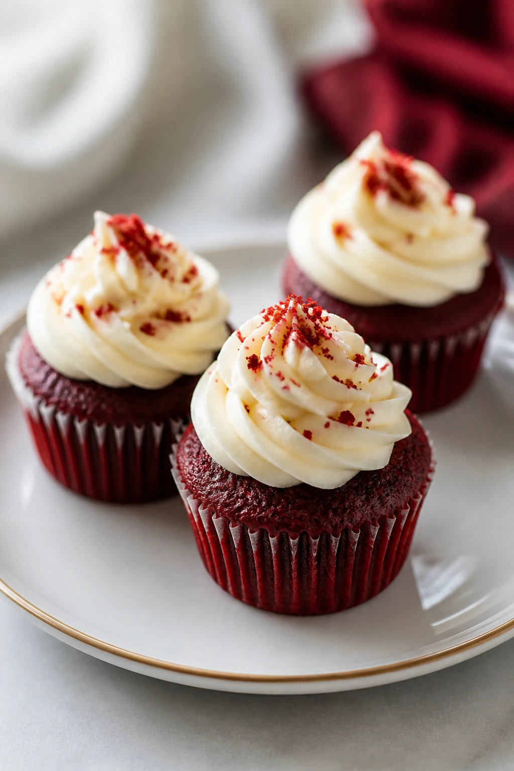 Three mini red velvet cupcakes with cream cheese frosting