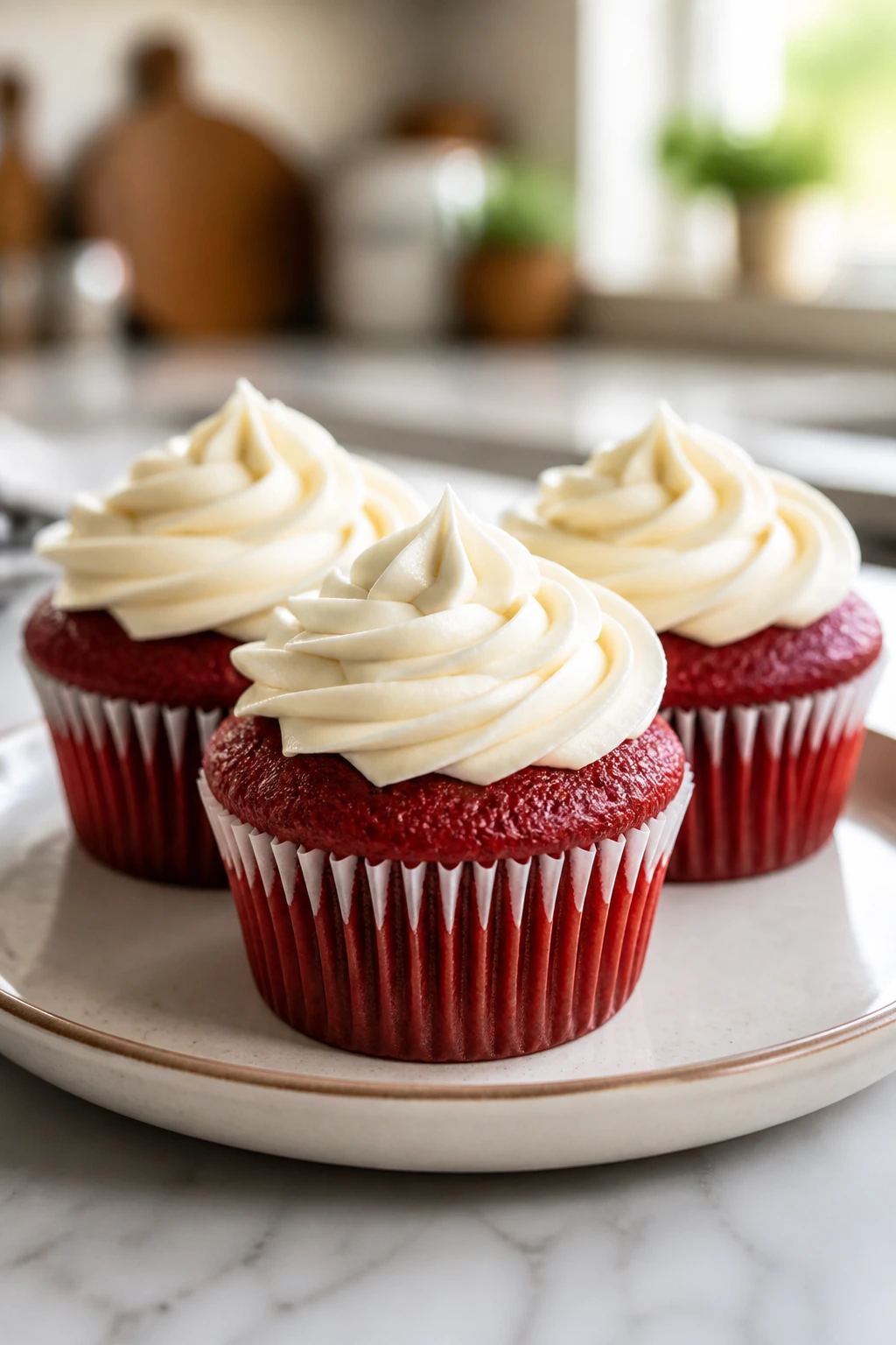 Plate of red velvet cupcakes with cream cheese frosting on a kitchen table.