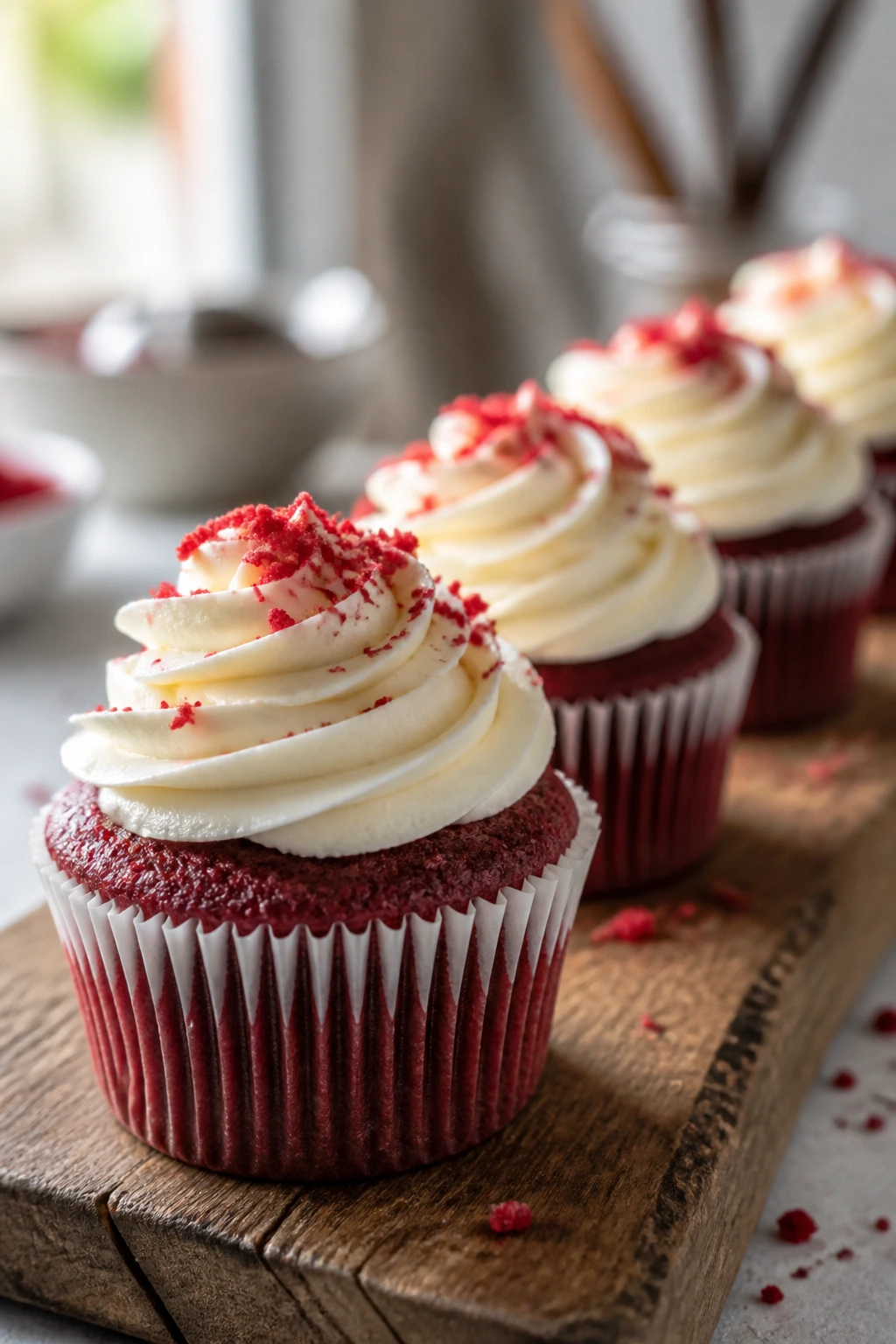 Close-up of glossy red velvet cupcakes with cream cheese frosting on a wooden board in a bright kitchen