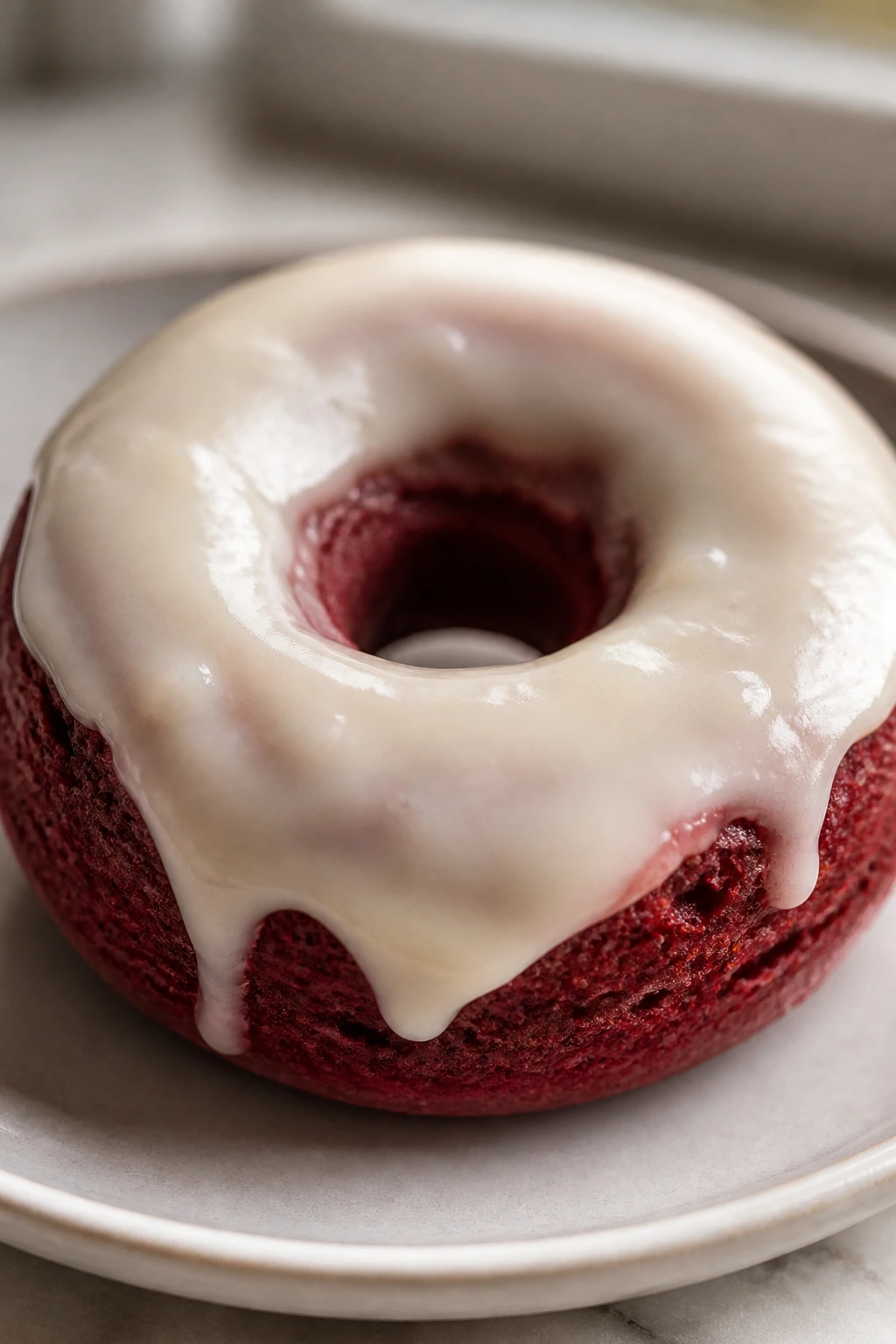 Close-up of a red velvet donut with glossy glaze on a plate