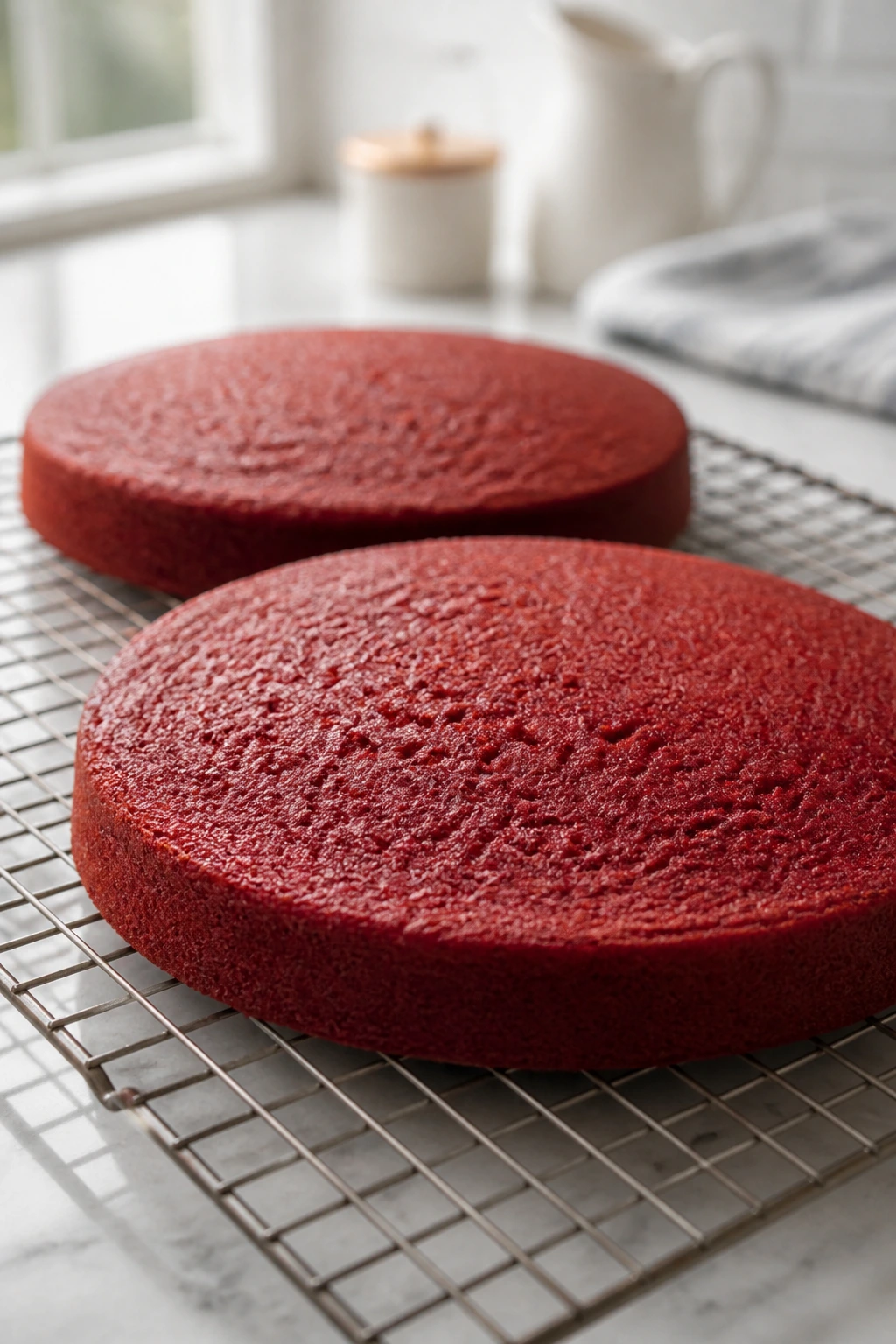 Two round cake layers cooling on a wire rack in a bright kitchen