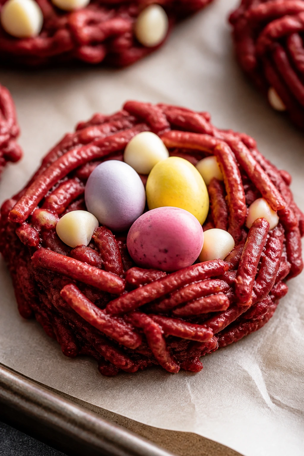 Close-up of a red velvet nest cookie with white chocolate chips and candy eggs on parchment in a warm kitchen