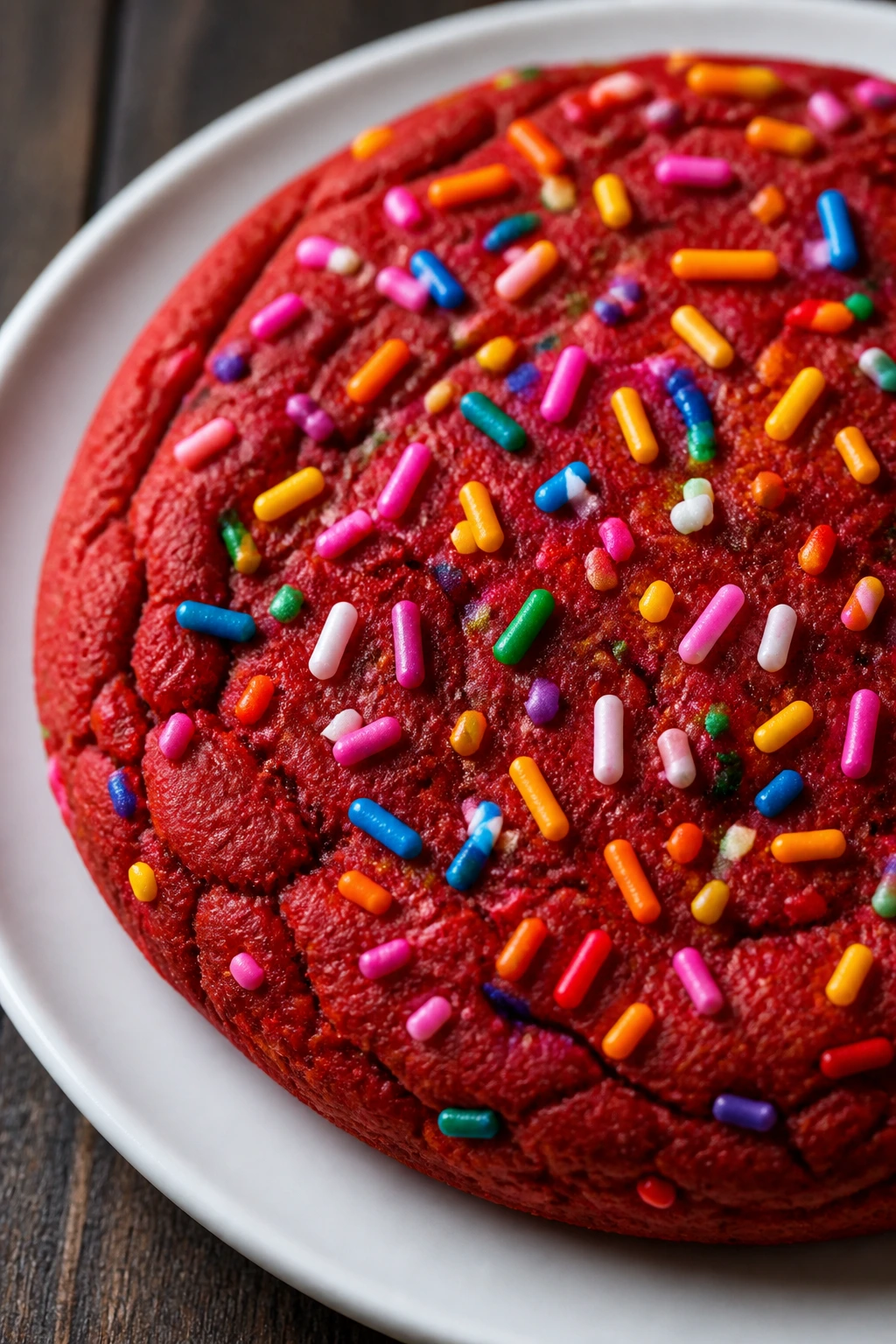 Close-up of red velvet rainbow sugar cookie with sprinkles on plate