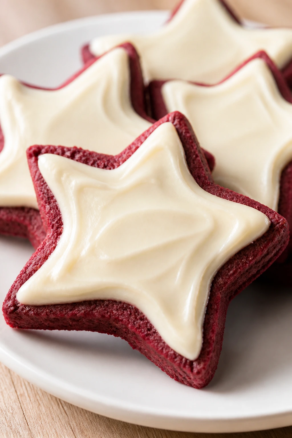 Close-up of red velvet star cookie with cream cheese glaze