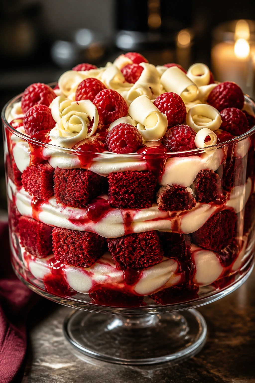 Close-up Red Velvet Blood Moon Trifle with cream cheese filling and raspberry sauce.