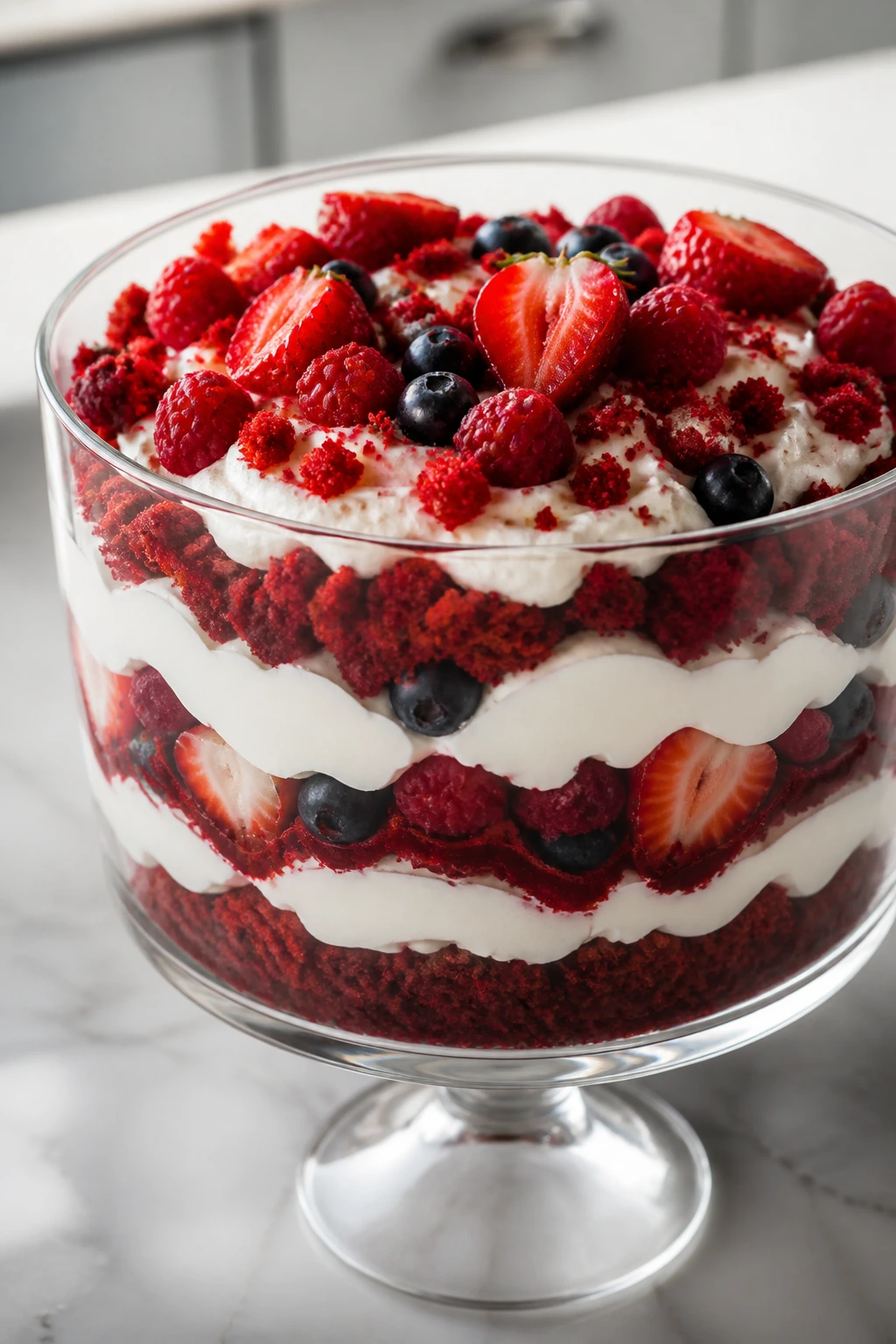 Close-up of red velvet trifles in a glass bowl showing layers