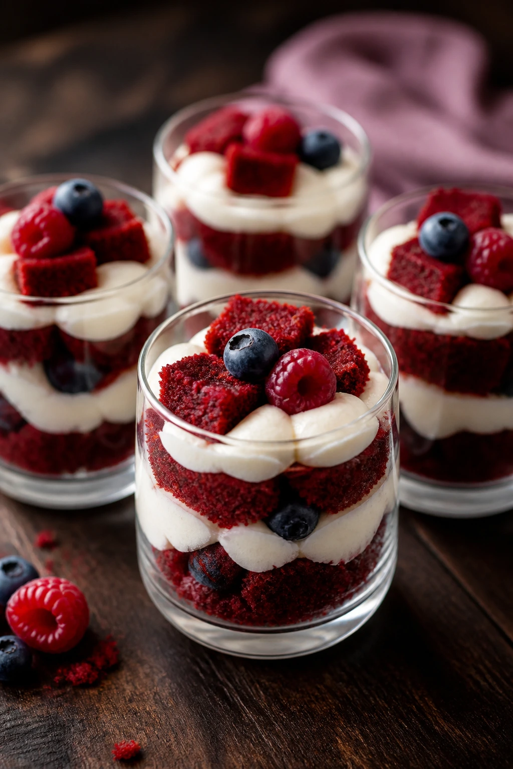Mini red velvet trifles in clear glasses showing red cake and white cream.