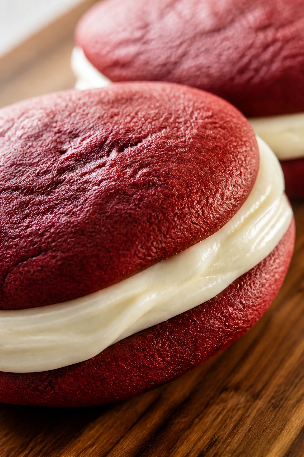 Two red velvet whoopie pies with cream cheese filling